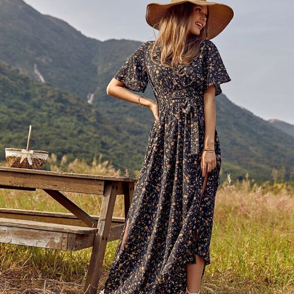 Black Boho Womens Allover Floral Print Split Thigh Belted Dress - Picture 3 of 5